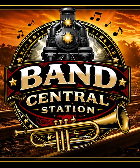 Band Central Station crest: a steam locomotive above a banner reading Band Central Station, with a trumpet