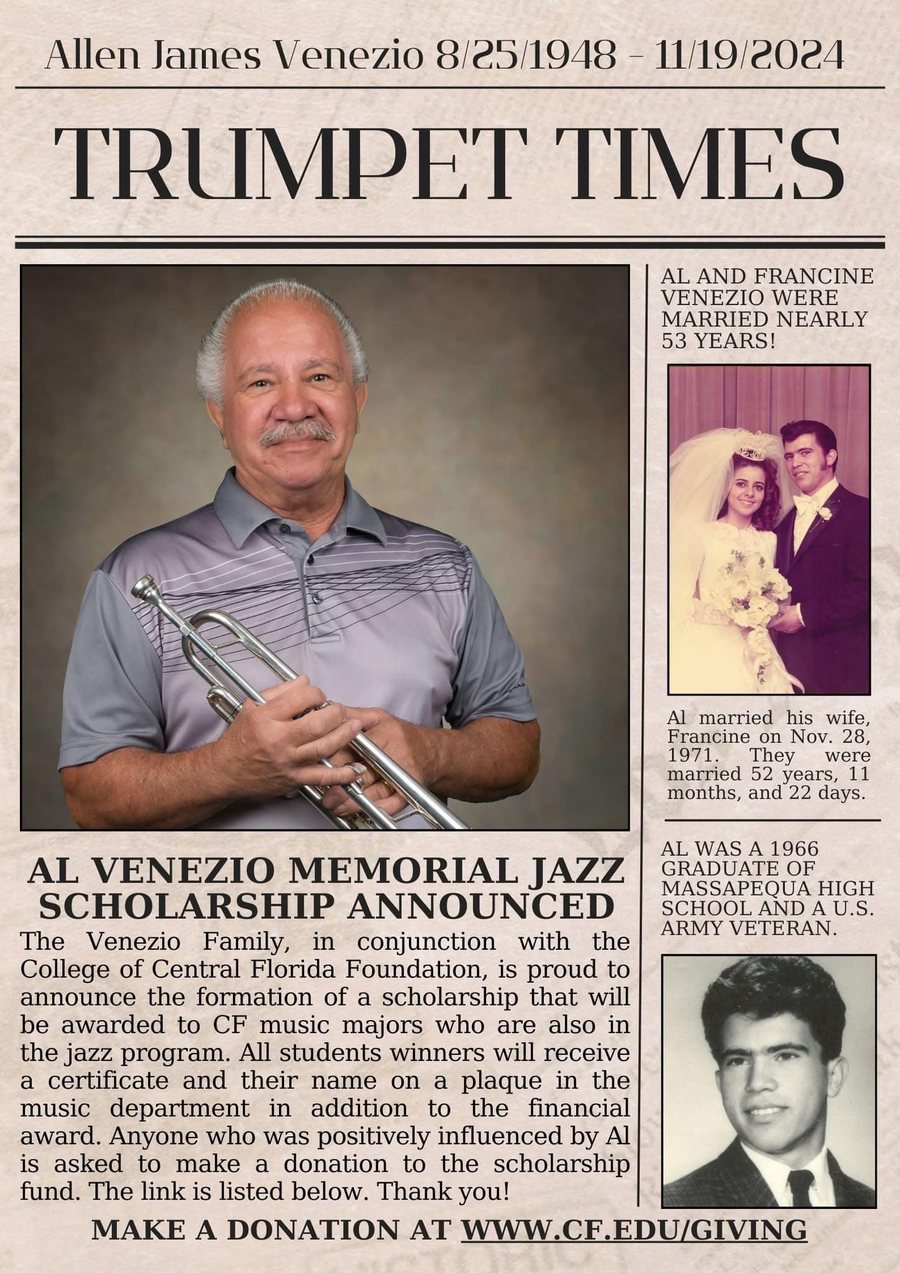 Newspaper clipping announcing the Al Venezio Memorial Jazz Scholarship
