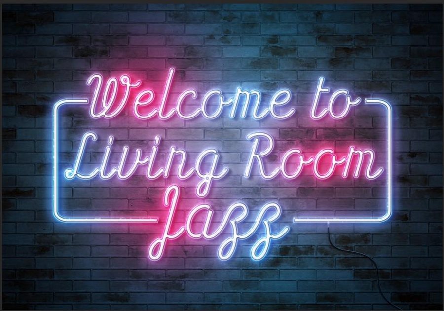 Neon-style sign reading Welcome to Living Room Jazz