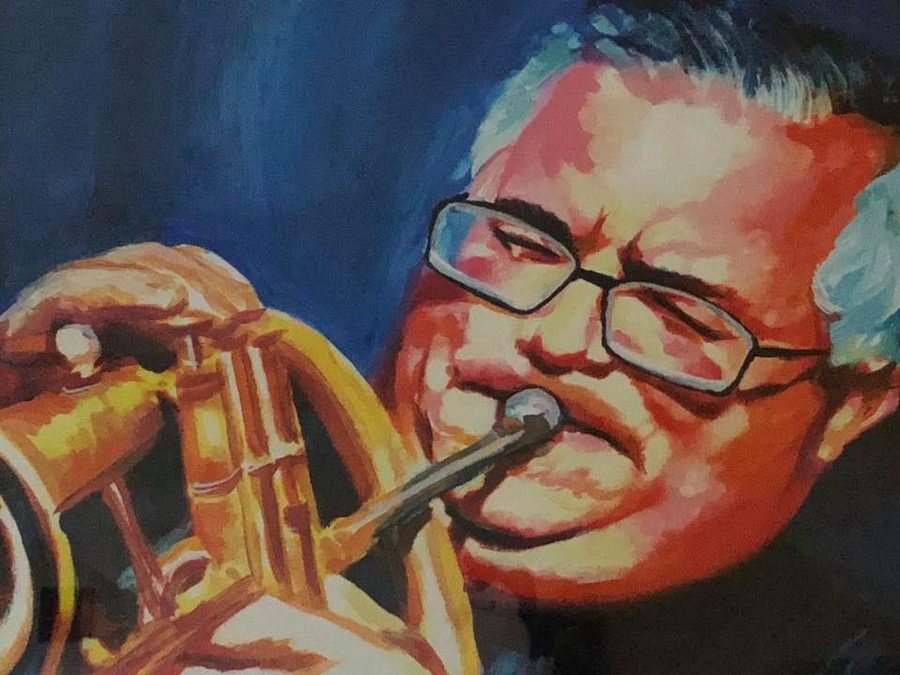 A painted portrait of Allen J. Venezio playing